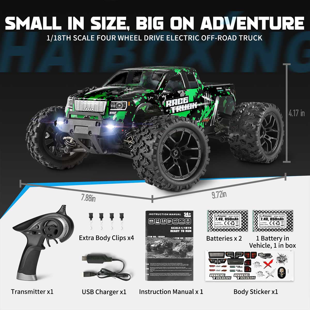 HAIBOXING 18859(Green) 1/18 Brushed RC Truck with 2 Batteries