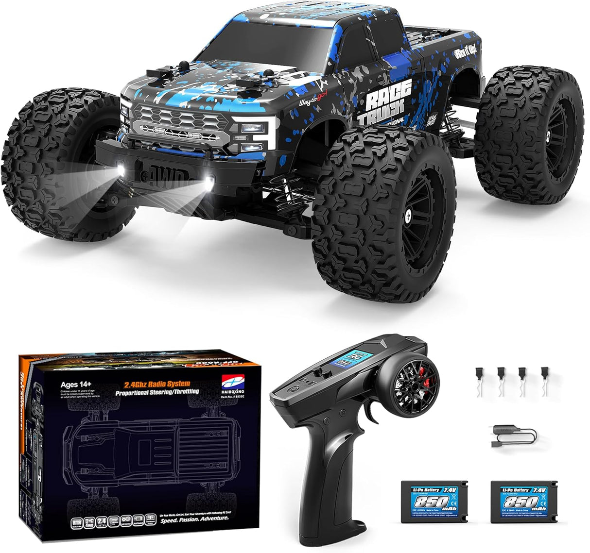 HAIBOXING 18859E(Blue) 1/18 Brushed RC Truck with 2 Batteries