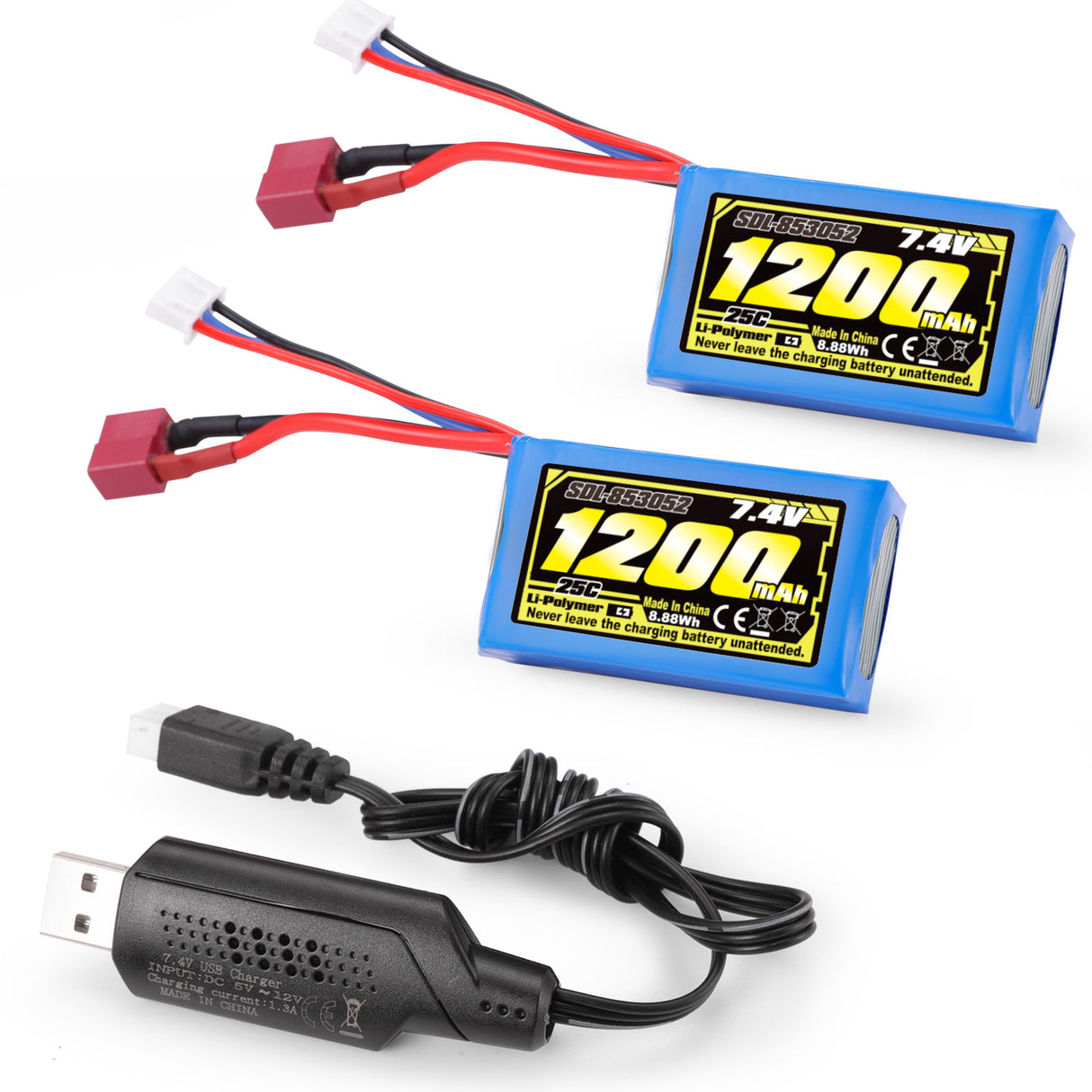 HAIBOXING RC Car T Plug 7.4V 1200mAh Li-PO Rechargeable Battery Apply for 16890A &16890SA & 3100A 2 Pack Batteries with USB Charger(18859E-E001 and E782)