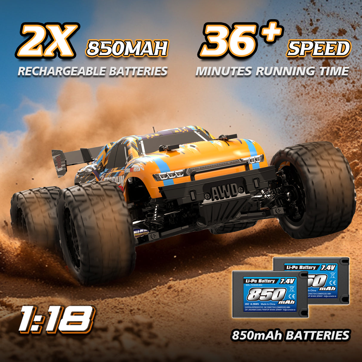 HAIBOXING 18858E(Orange) 1/18 Brushed RC Buggy with 2 Batteries