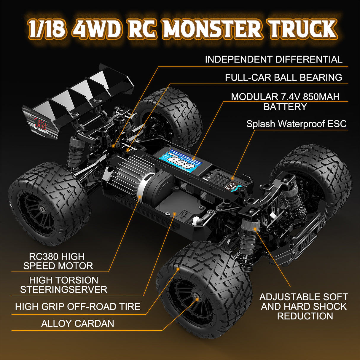 HAIBOXING 18858E(Orange) 1/18 Brushed RC Buggy with 2 Batteries