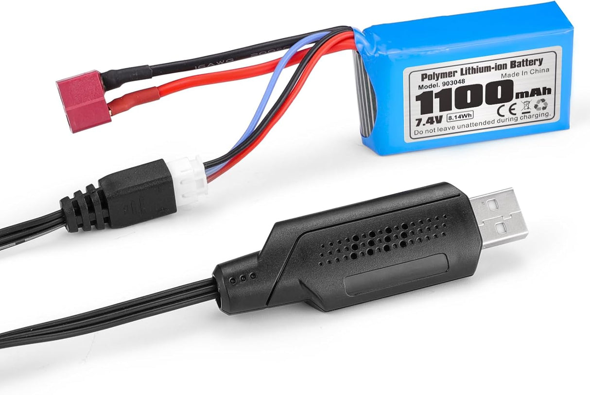 HAIBOXING RC Car T Plug 7.4V 1100mAh Li-PO Rechargeable Battery Apply for 16890A &16890SA & 3100A 2 Pack Batteries with USB Charger(E782)