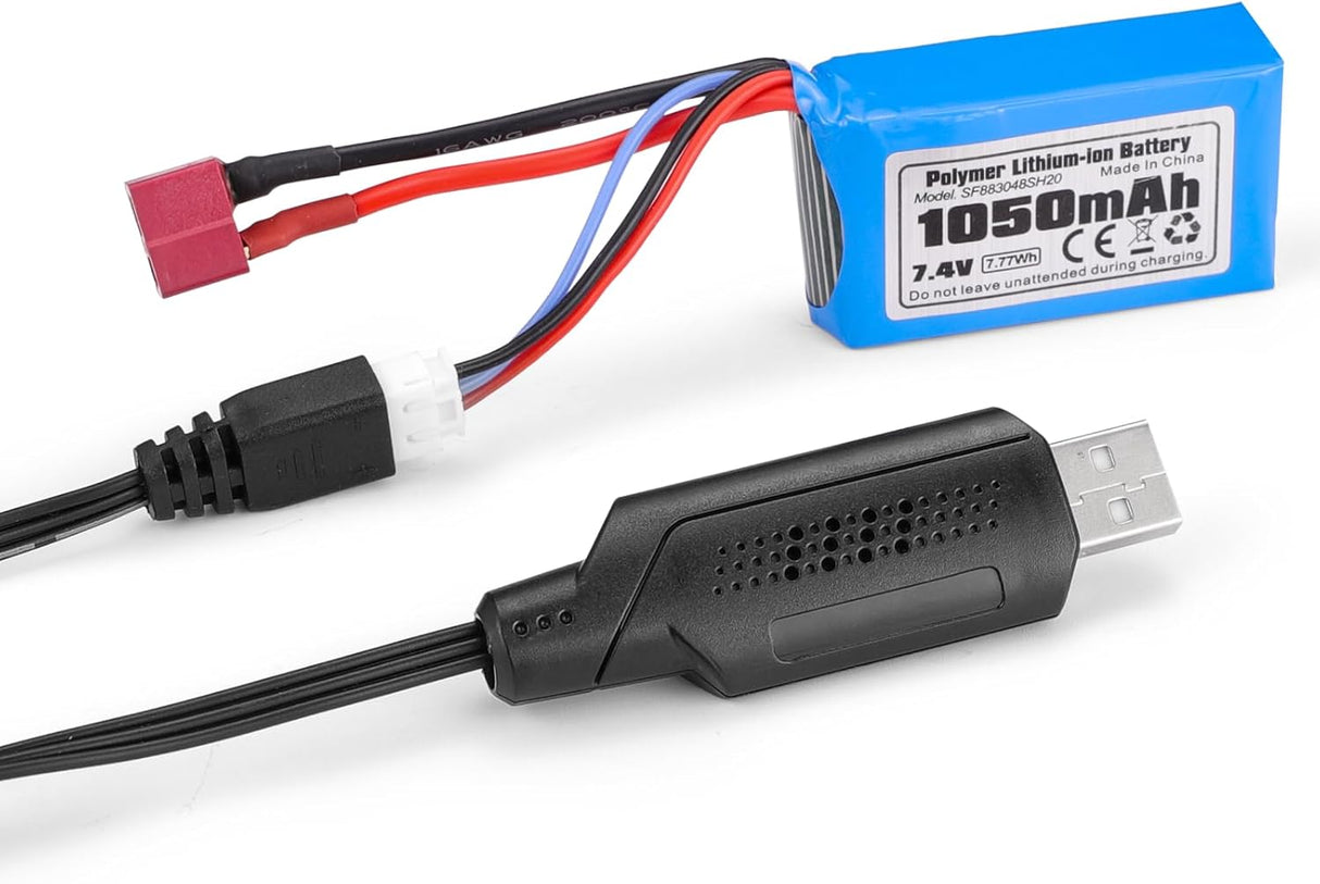 HAIBOXING RC Car T Plug 7.4V 1050mAh Li-PO Rechargeable Battery Apply for 16890A &16890SA & 3100A 2 Pack Batteries with USB Charger(18859E-E001 and E782)