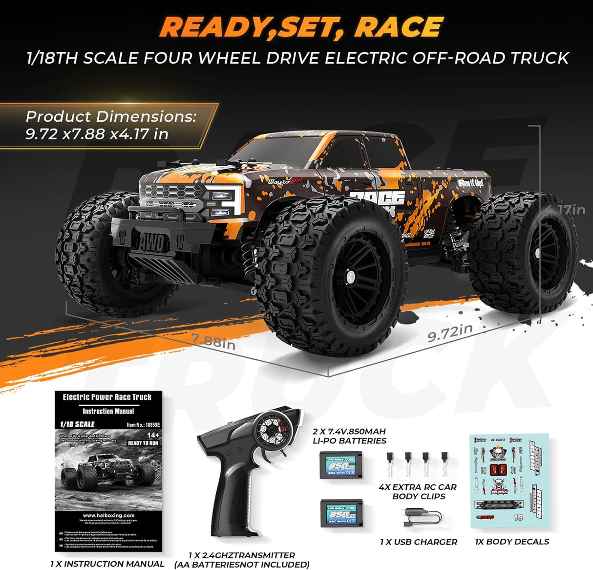 HAIBOXING 18859E(Orange) 1/18 Brushed RC Truck with 2 Batteries