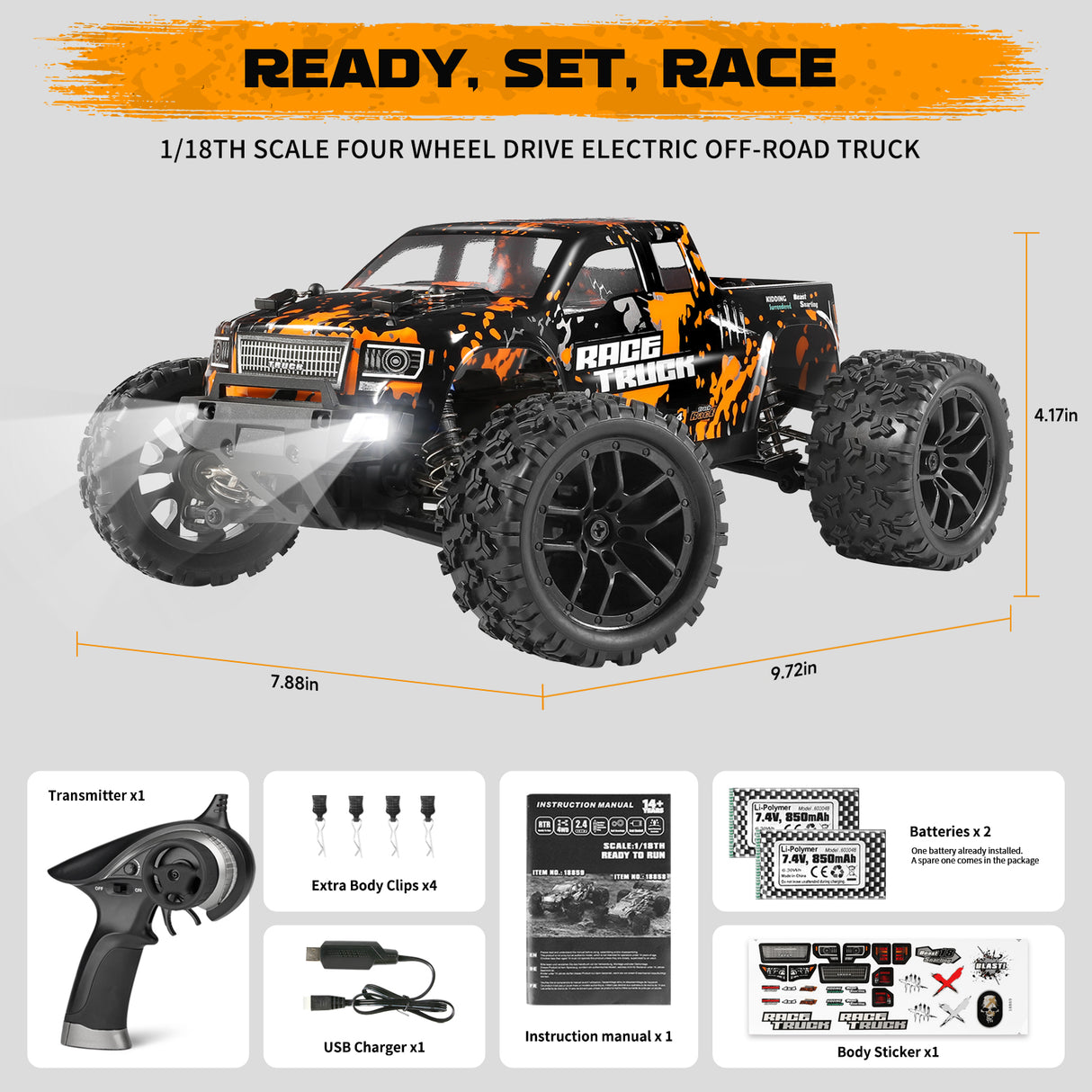 HAIBOXING 18859(Orange) 1/18 Brushed RC Truck with 2 Batteries