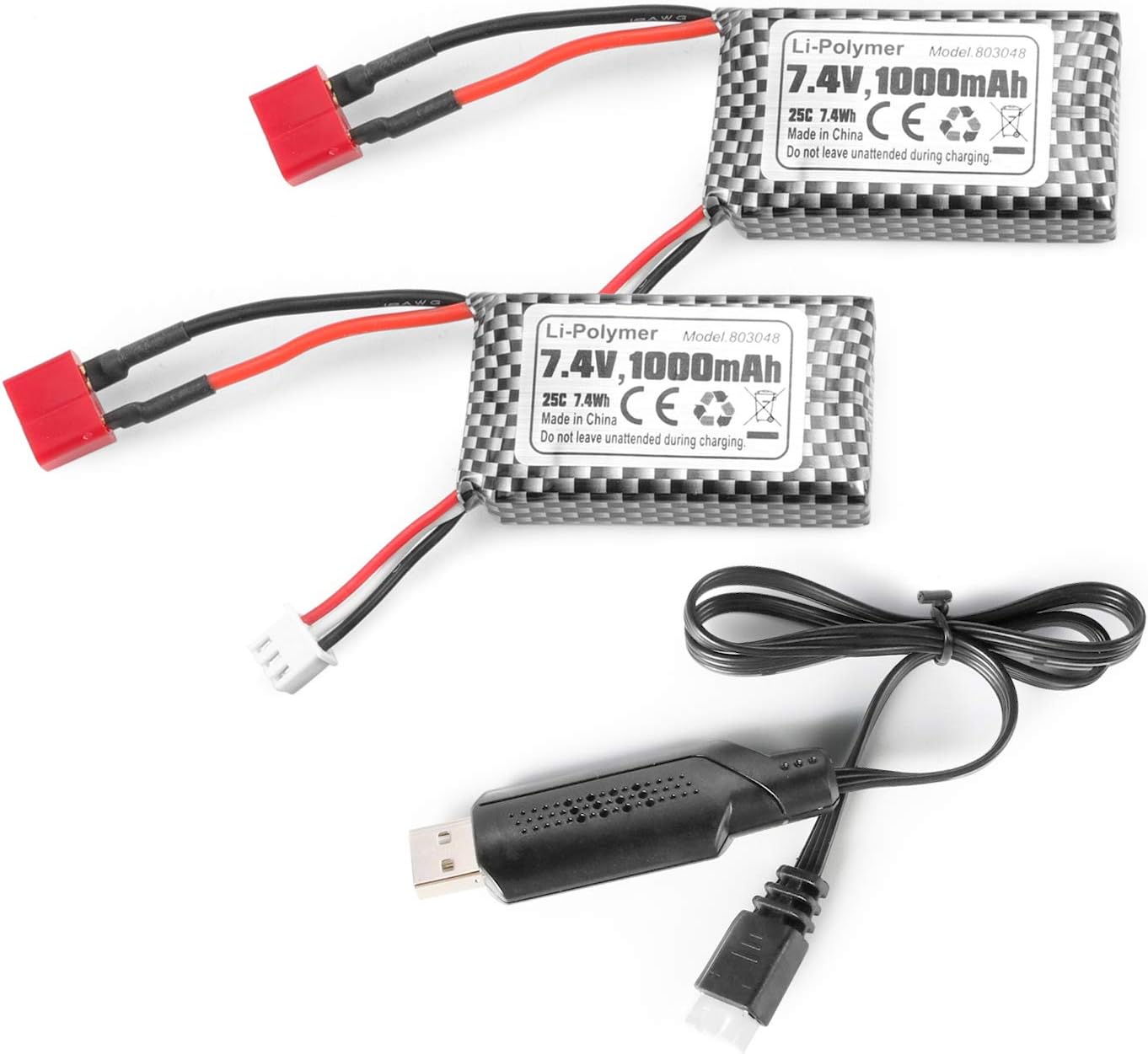 HAIBOXING RC Car T Plug 7.4V 1000mAh Li-PO Rechargeable Battery Apply for 18859 & 18858 &18868 & 18859A & 16889 & 16890A 2pcs Batteries with USB Charger(18859E-E001 and M16150)