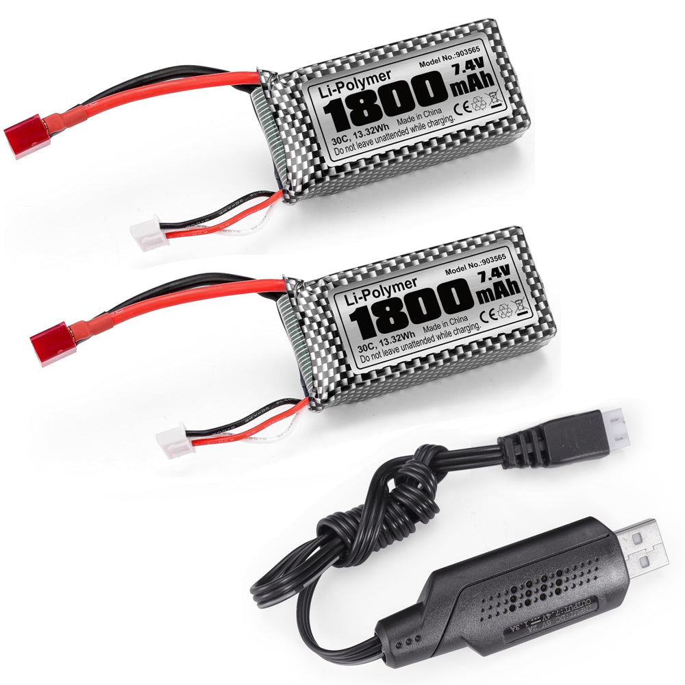 Batterie rechargeable Li-PO 7,4 V 1000 mAh avec prise T pour voiture RC HAIBOXING. Compatible avec les modèles 18859, 18858, 18868, 18859A, 16889 et 16890A. Lot de 2 batteries avec chargeur USB (références 18859E-E001 et M16150).
