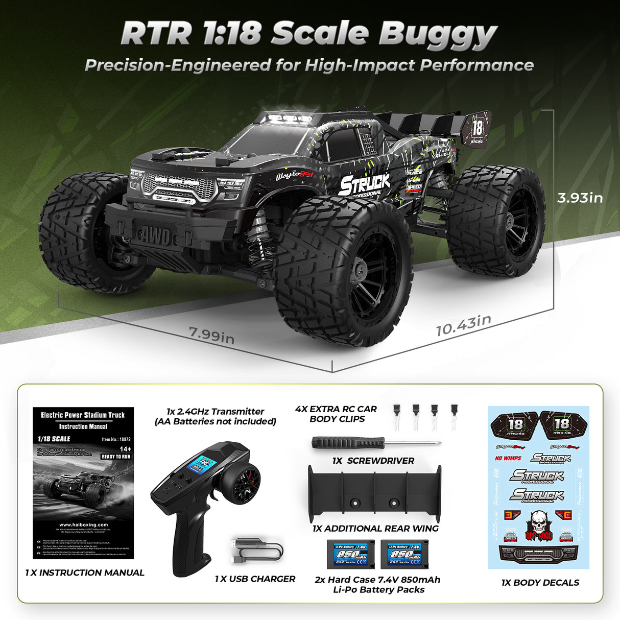 HAIBOXING 18872 1/18 Brushed RC Buggy Car with 2 Batteries