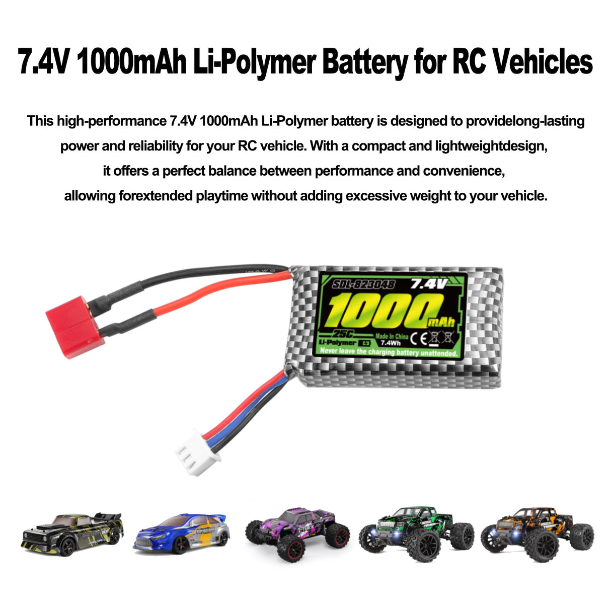 HAIBOXING RC-Car T-Stecker 7,4V 1000mAh Li-Po Akku, wiederaufladbar, passend für 18859, 18858, 18868, 18859A, 16889 und 16890A, 2 Stück Akkus mit USB-Ladegerät (18859E-E001 und M16150) 