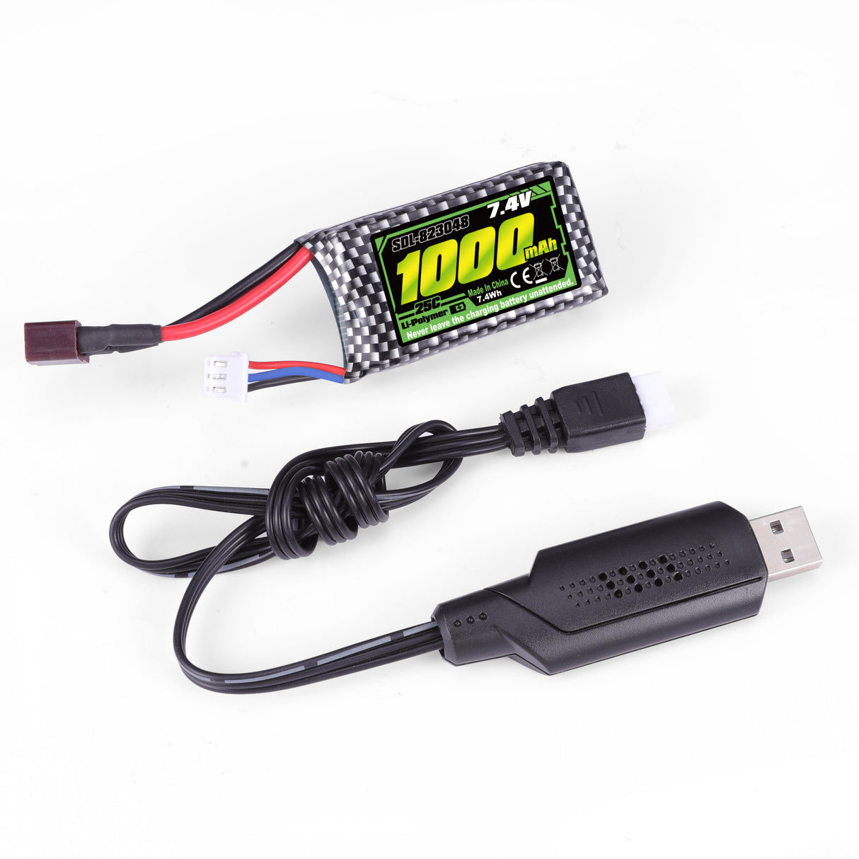 HAIBOXING RC-Car T-Stecker 7,4V 1000mAh Li-Po Akku, wiederaufladbar, passend für 18859, 18858, 18868, 18859A, 16889 und 16890A, 2 Stück Akkus mit USB-Ladegerät (18859E-E001 und M16150) 