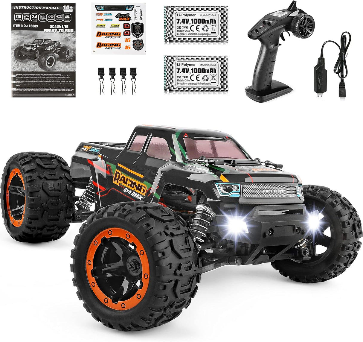 HAIBOXING 16889(Green) 1/16 Brushed RC Truck with 2 Batteries