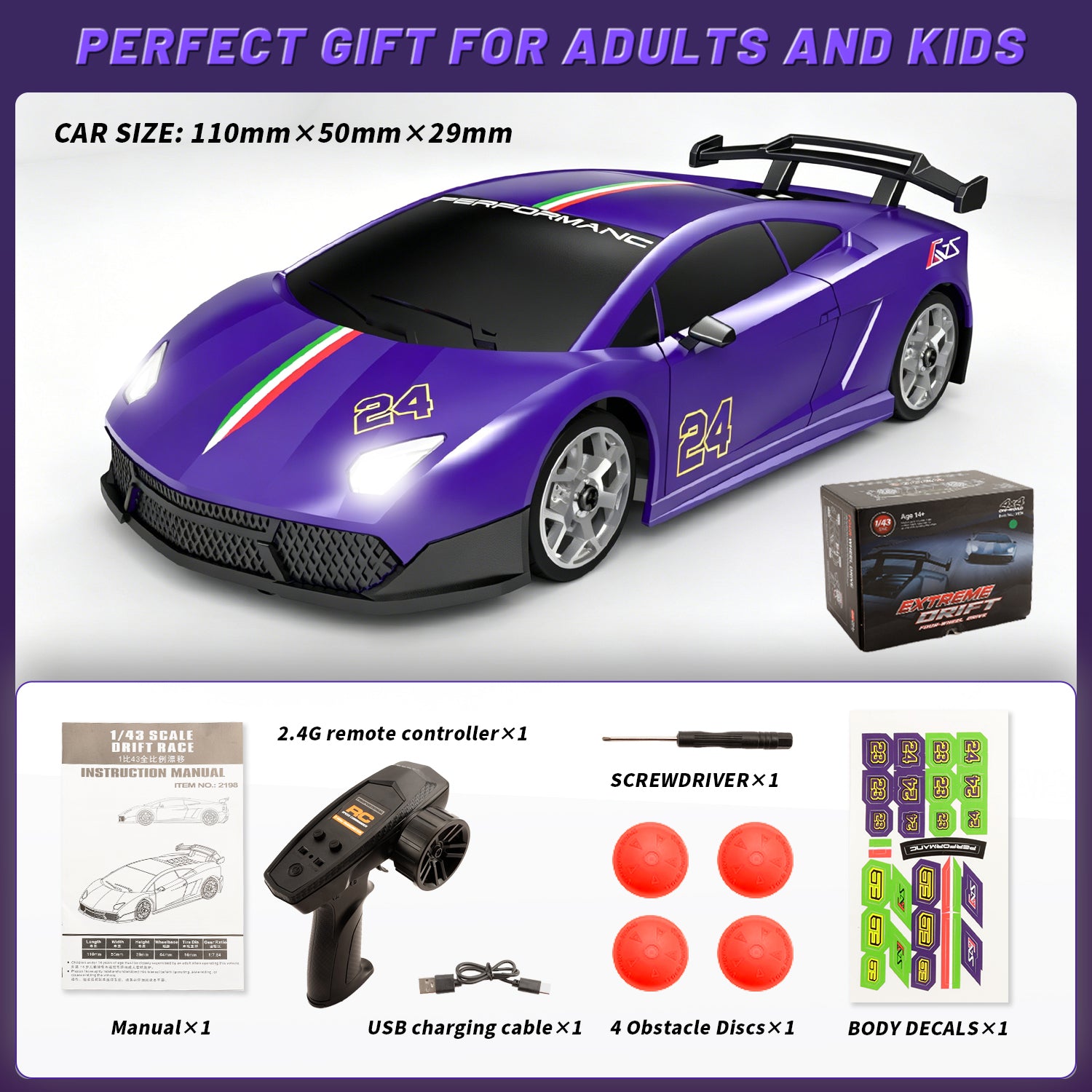 HAIBOXING 2198 1/43 Brushed RC Drift Car +2 Batteries (Purple