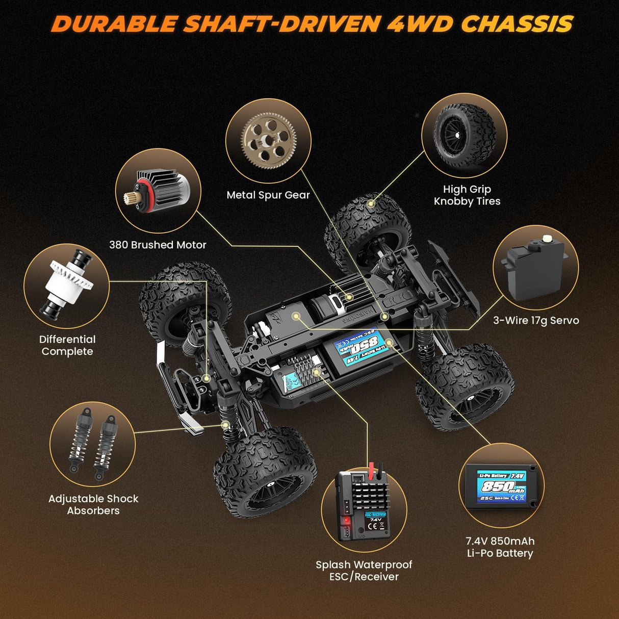 HAIBOXING 18859E(Orange) 1/18 Brushed RC Truck with 2 Batteries