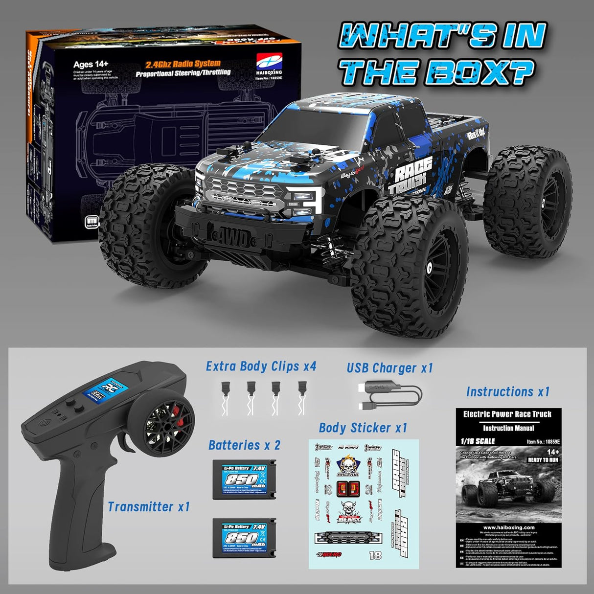 HAIBOXING 18859E(Blue) 1/18 Brushed RC Truck with 2 Batteries