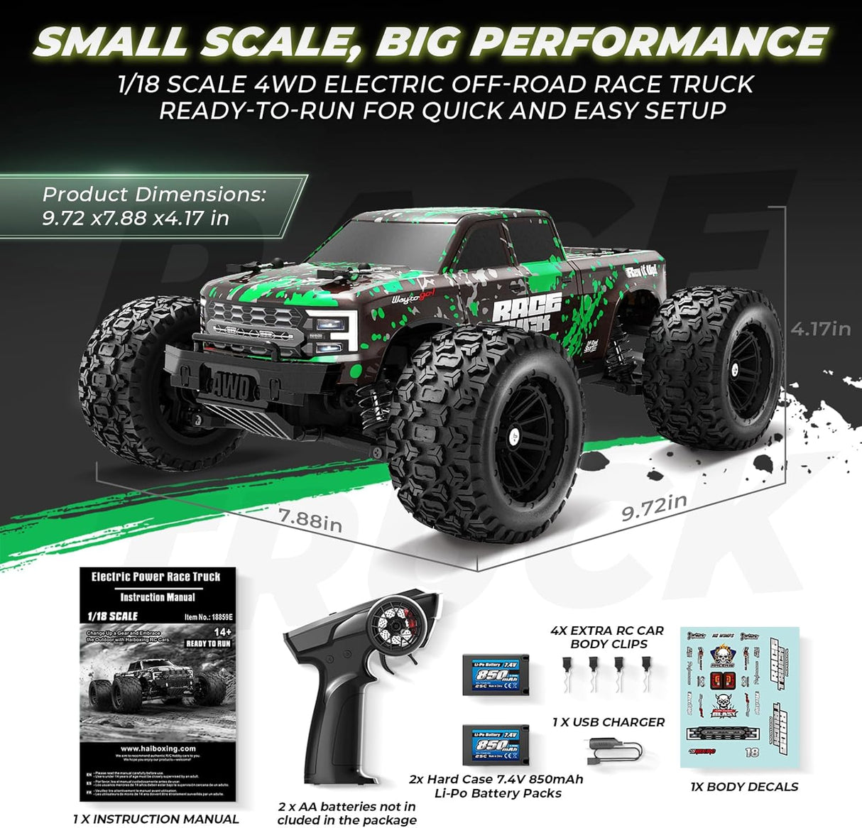 HAIBOXING 18859E(Green) 1/18 Brushed RC Truck with 2 Batteries