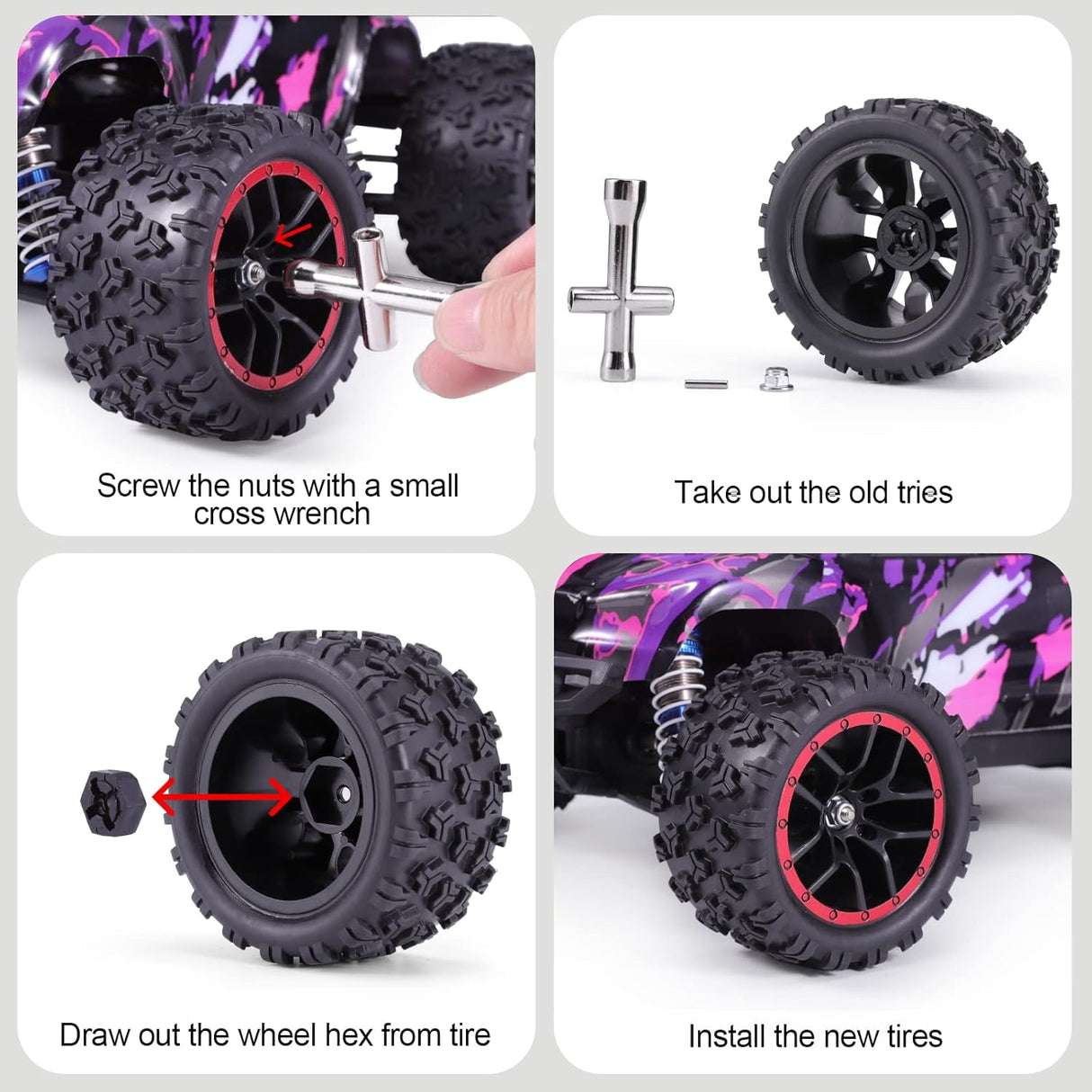 HAIBOXING RC Car Spare Parts Truck Wheels Complete(Front/Rear) 2pcs, TPR Materialized Off-Road Knobby Tires Apply to 18859A & 2021 New Version 18858 &18859 M1820T