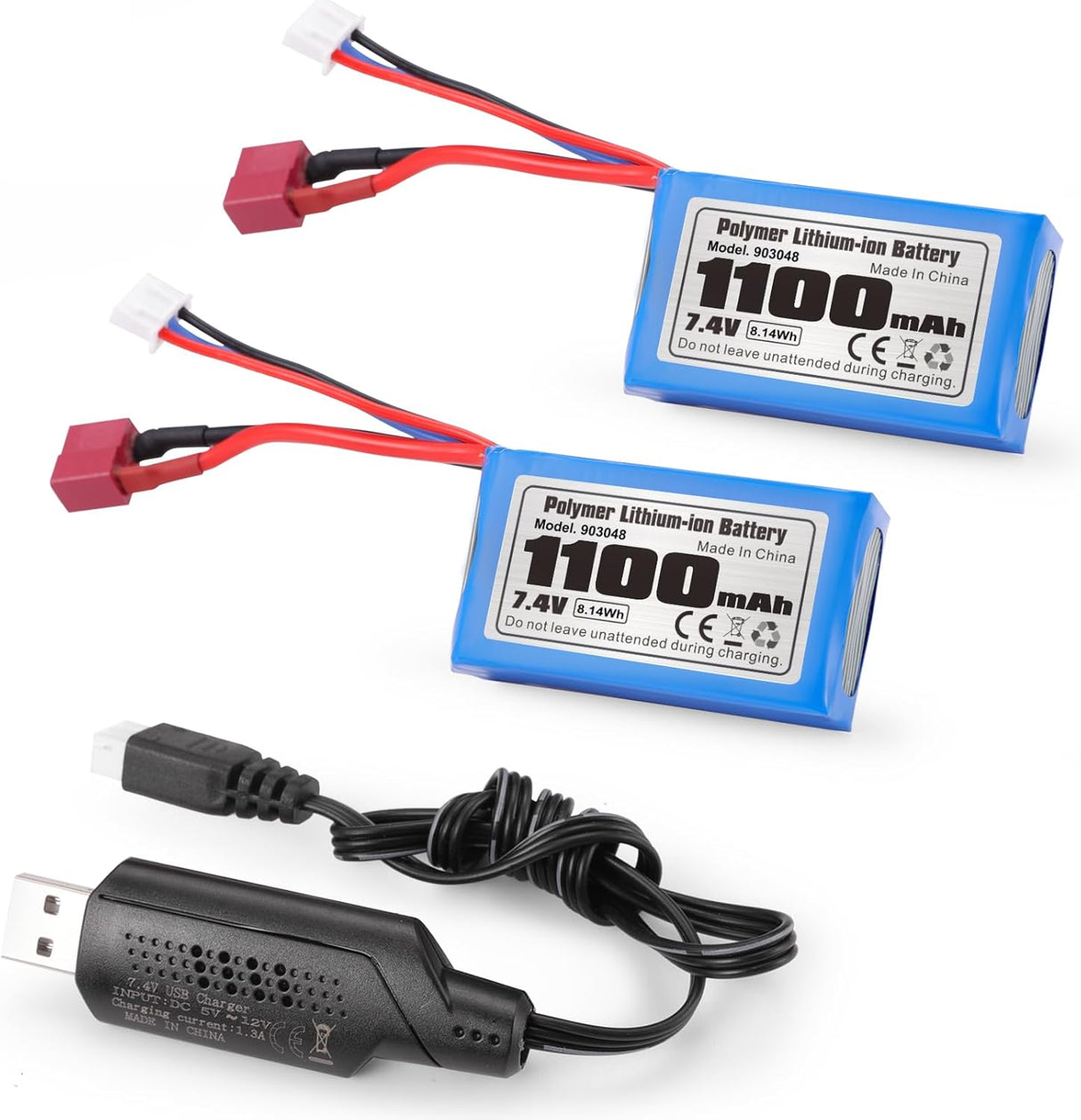HAIBOXING RC Car T Plug 7.4V 1100mAh Li-PO Rechargeable Battery Apply for 16890A &16890SA & 3100A 2 Pack Batteries with USB Charger(E782)