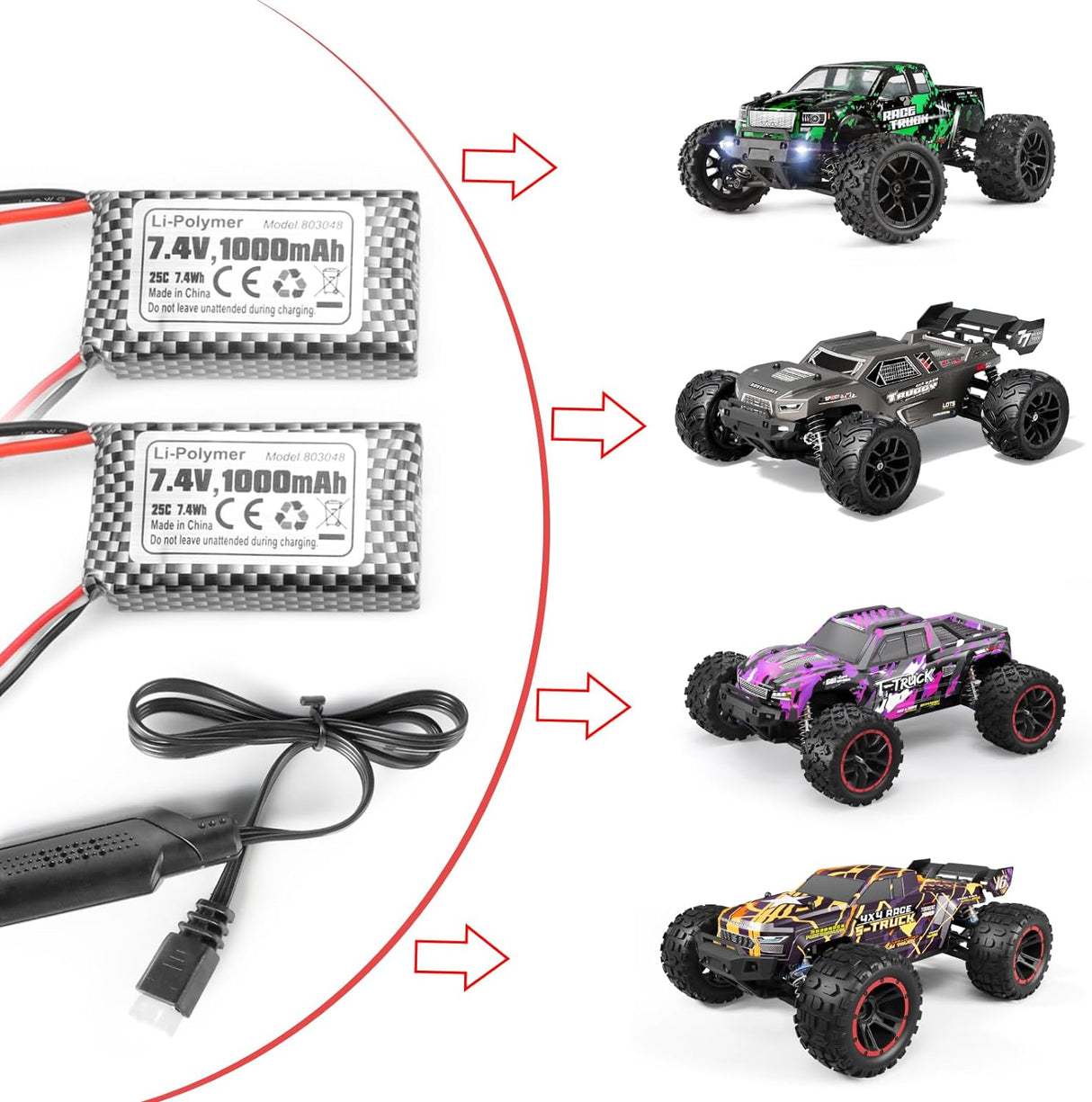 HAIBOXING RC Car T Plug 7.4V 1000mAh Li-PO Rechargeable Battery Apply for 18859 & 18858 &18868 & 18859A & 16889 & 16890A 2pcs Batteries with USB Charger(18859E-E001 and M16150)
