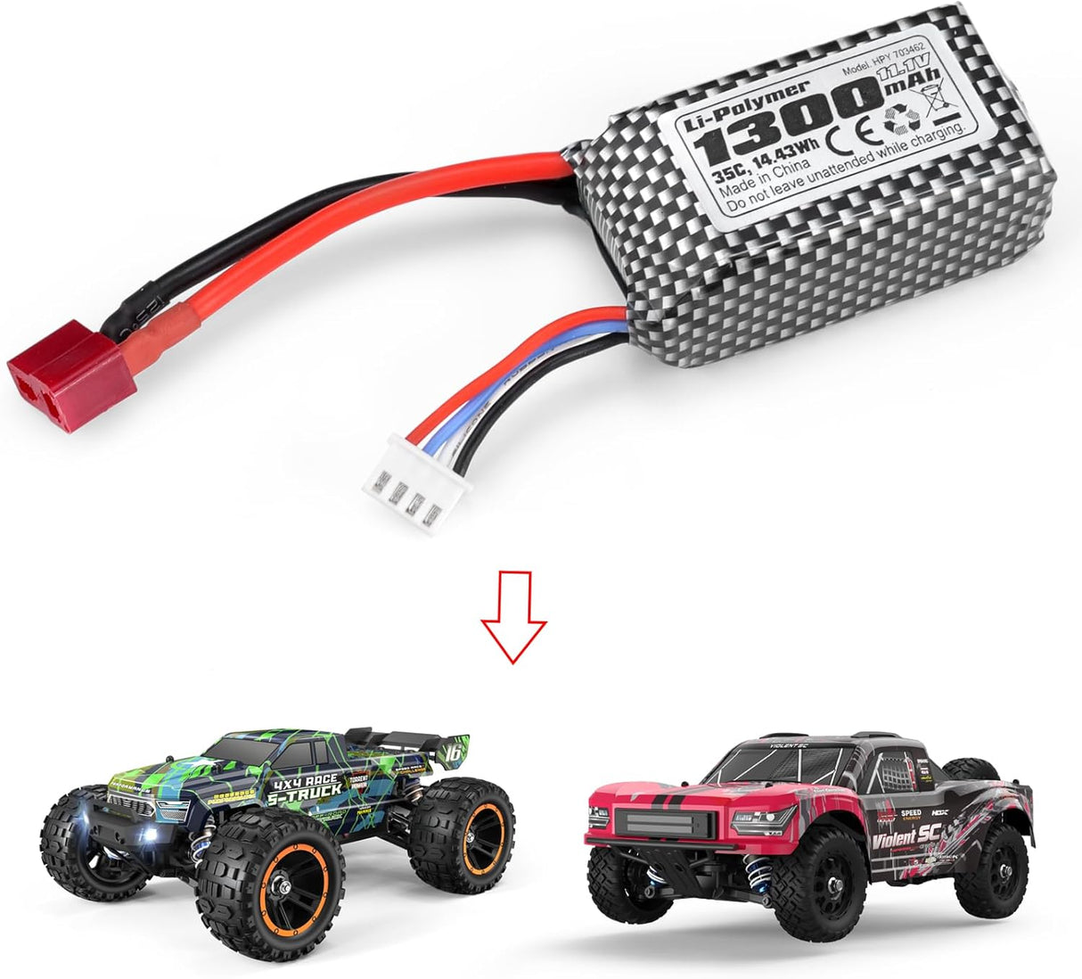 HAIBOXING Brushless RC Cars 3S Polymer Lithium-ion battery HPY 703462,1/16th 1/14 Scale Spare Parts 11.1V, 1300mAh, 14.43Wh RC Truck Upgraded Batteries Apply to 16890SA & 3100A(11113S)