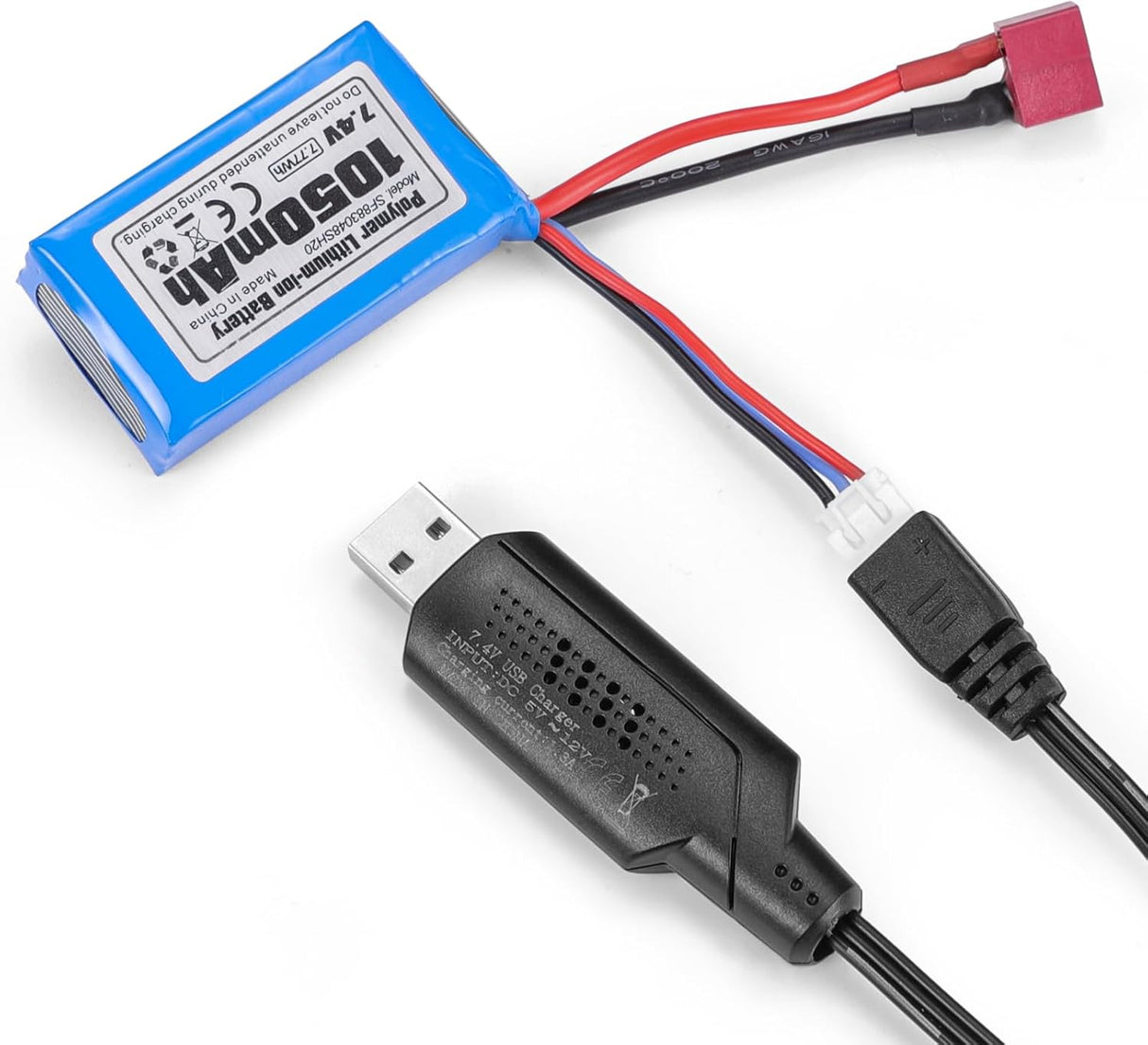 HAIBOXING RC Car T Plug 7.4V 1050mAh Li-PO Rechargeable Battery Apply for 16890A &16890SA & 3100A 2 Pack Batteries with USB Charger(18859E-E001 and E782)