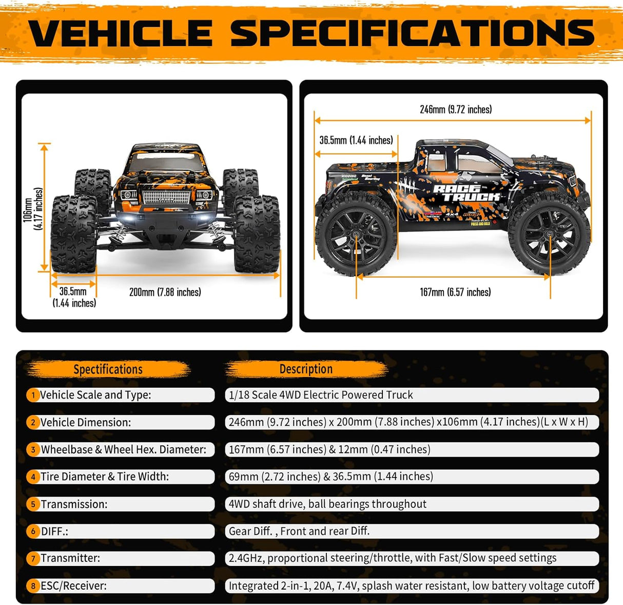HAIBOXING 18859(Orange) 1/18 Brushed RC Truck with 2 Batteries